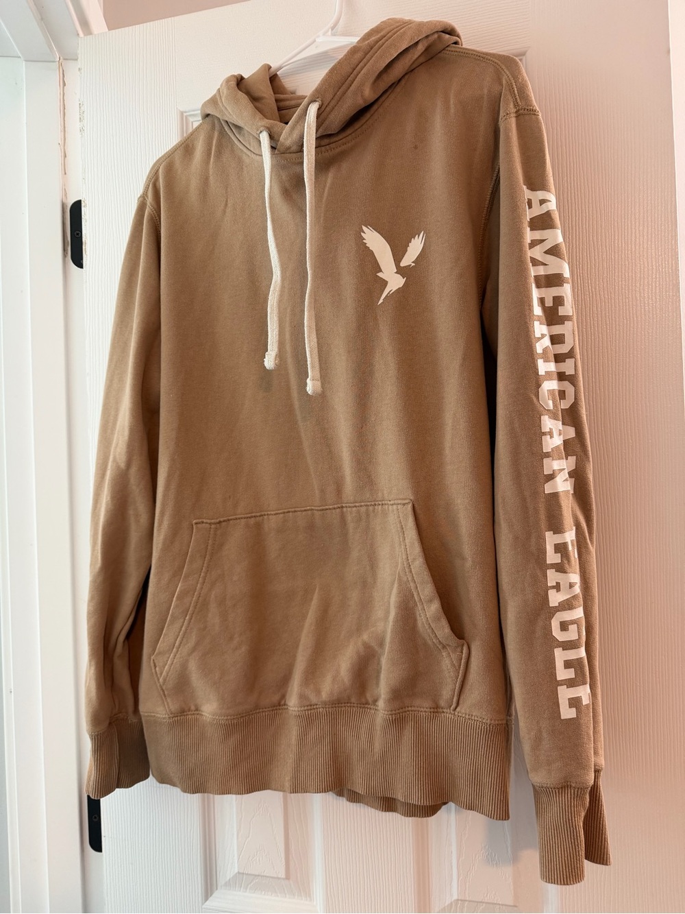 American Eagle Outfitters Tan Pullover Hoodie with White Logo